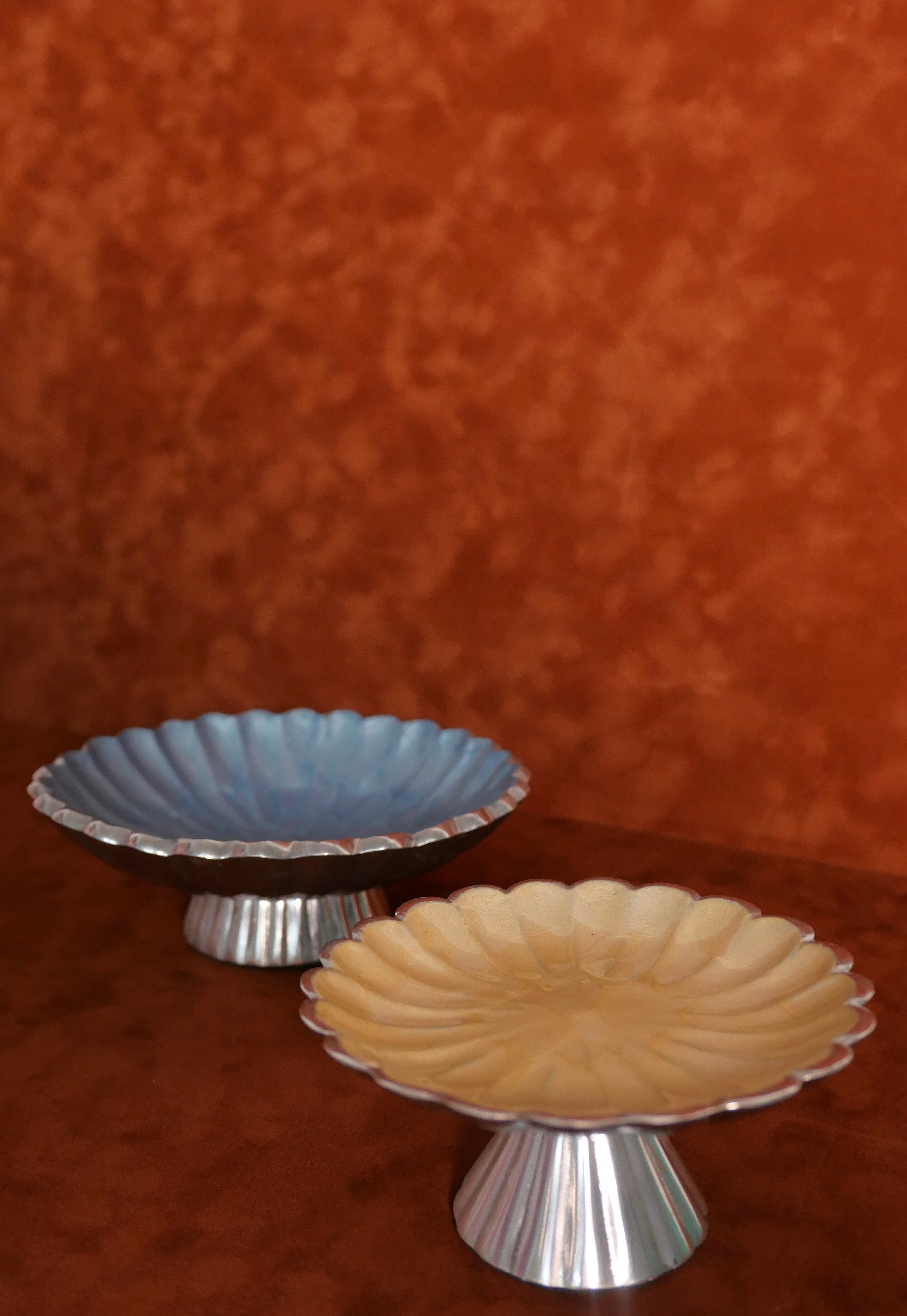 “Julia Knight” Enamel & Aluminum Pedestal Bowl (Blue - Medium)