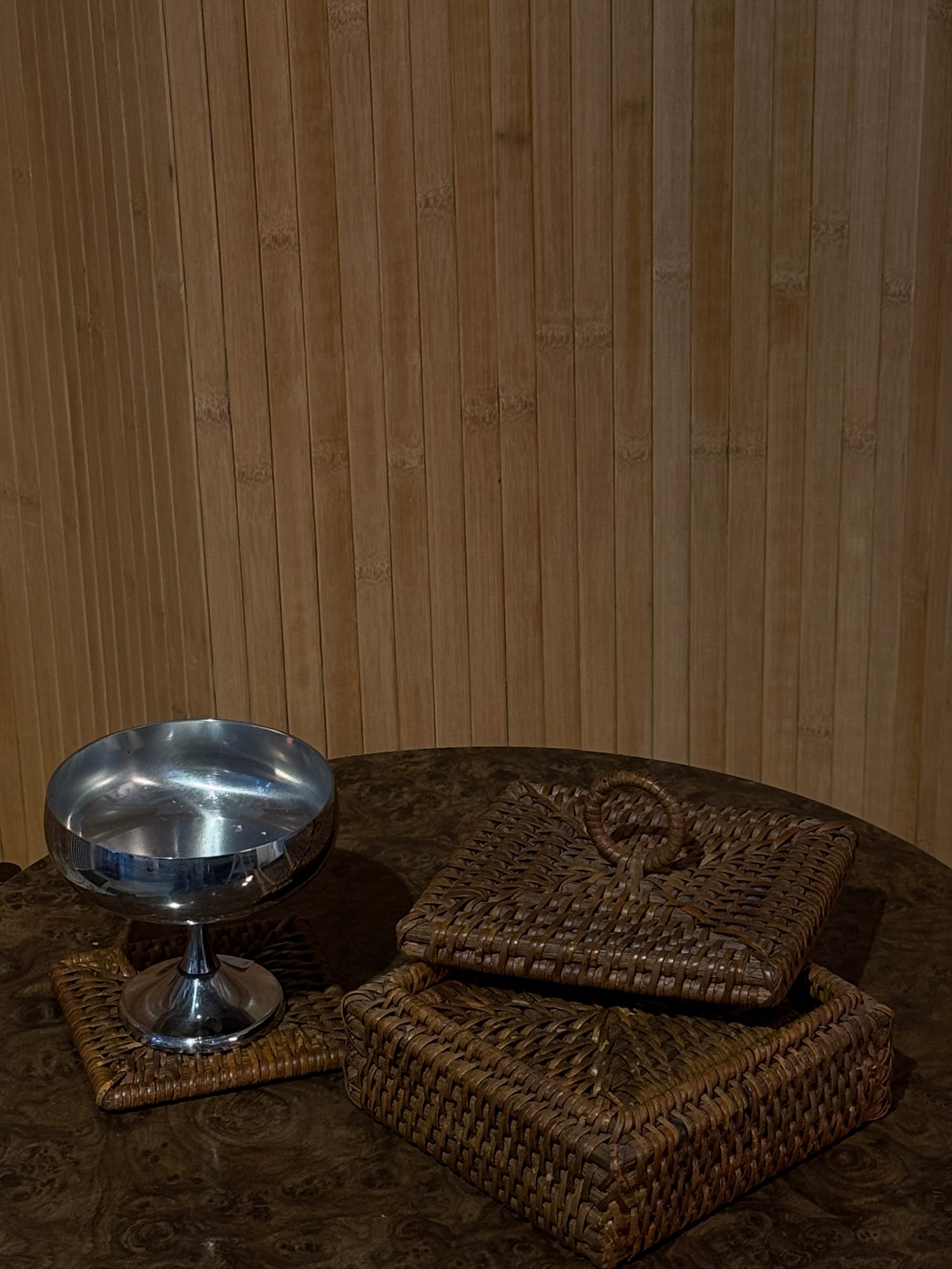 MCM Wicker Rattan Coasters with Lidded Cannister