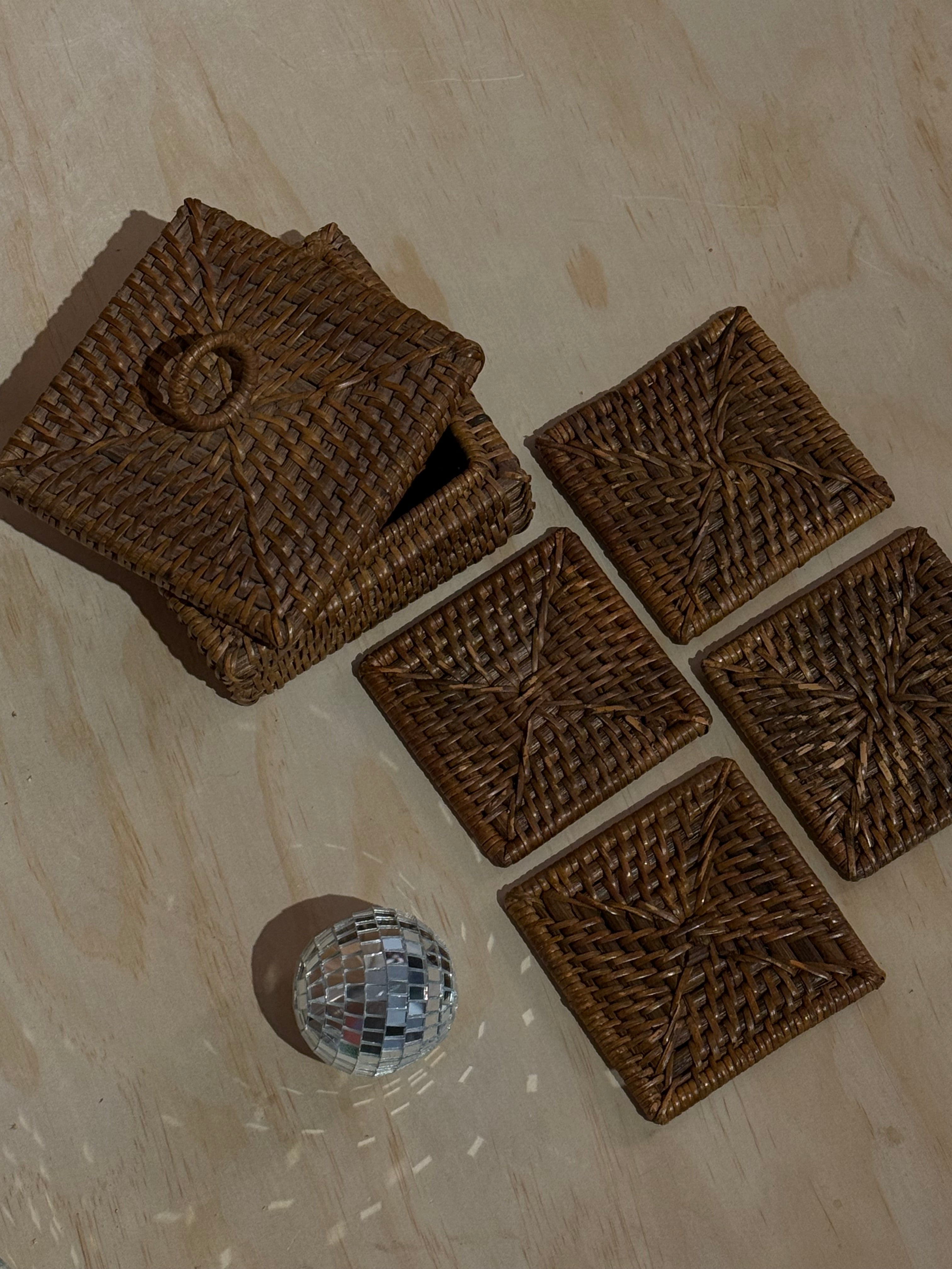 MCM Wicker Rattan Coasters with Lidded Cannister
